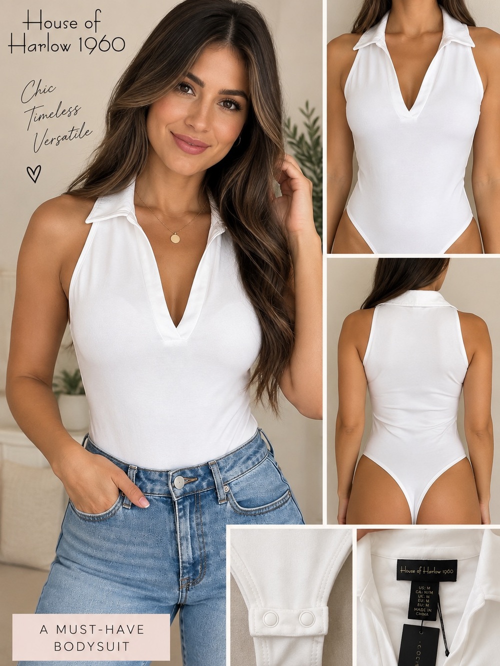 House of Harlow 1960 White Sleeveless Collared Bodysuit Size M NWT